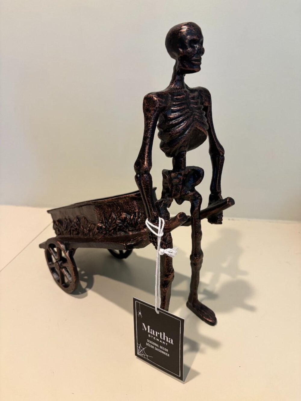 MARTHA STEWART BRONZE HALLOWEEN SKELETON PULLING COFFIN DECORATION 14" Tall New